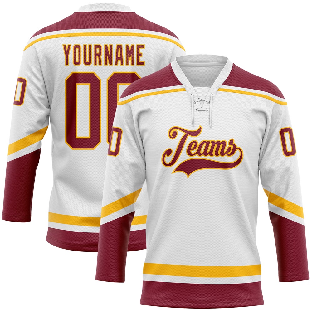 Custom White Crimson Gold Hockey Lace Neck Jersey, New Hockey Jersey, Personali Sport Team Jersey Shirt