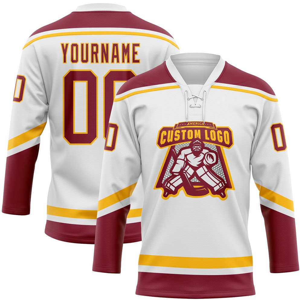 Custom White Crimson Gold Hockey Lace Neck Jersey, New Hockey Jersey, Personali Sport Team Jersey Shirt