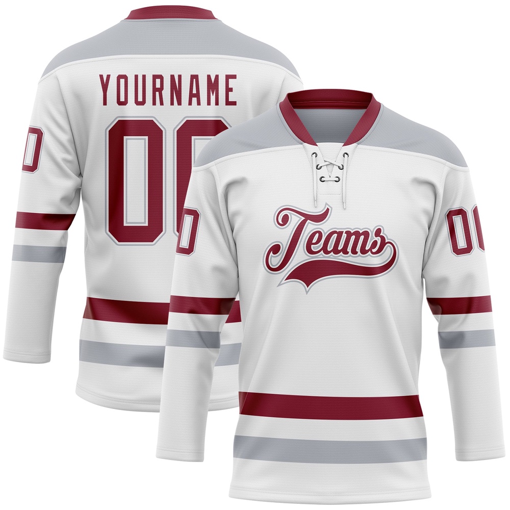 Custom White Crimson Gray Hockey Lace Neck Jersey, New Hockey Jersey, Personali Sport Team Jersey Shirt Custom White Crimson Gray Hockey Lace Neck Jersey, New Hockey Jersey, Personali Sport Team Jersey Shirt