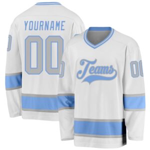 Custom White Gray Light Blue Hockey Jersey,&hellip;