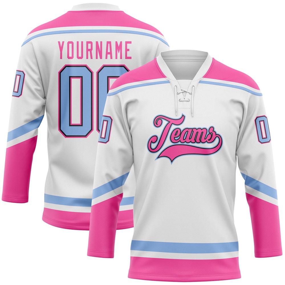 Custom White Light Blue Black Pink Hockey Lace Neck Jersey, New Hockey Jersey, Personali Sport Team Jersey Shirt