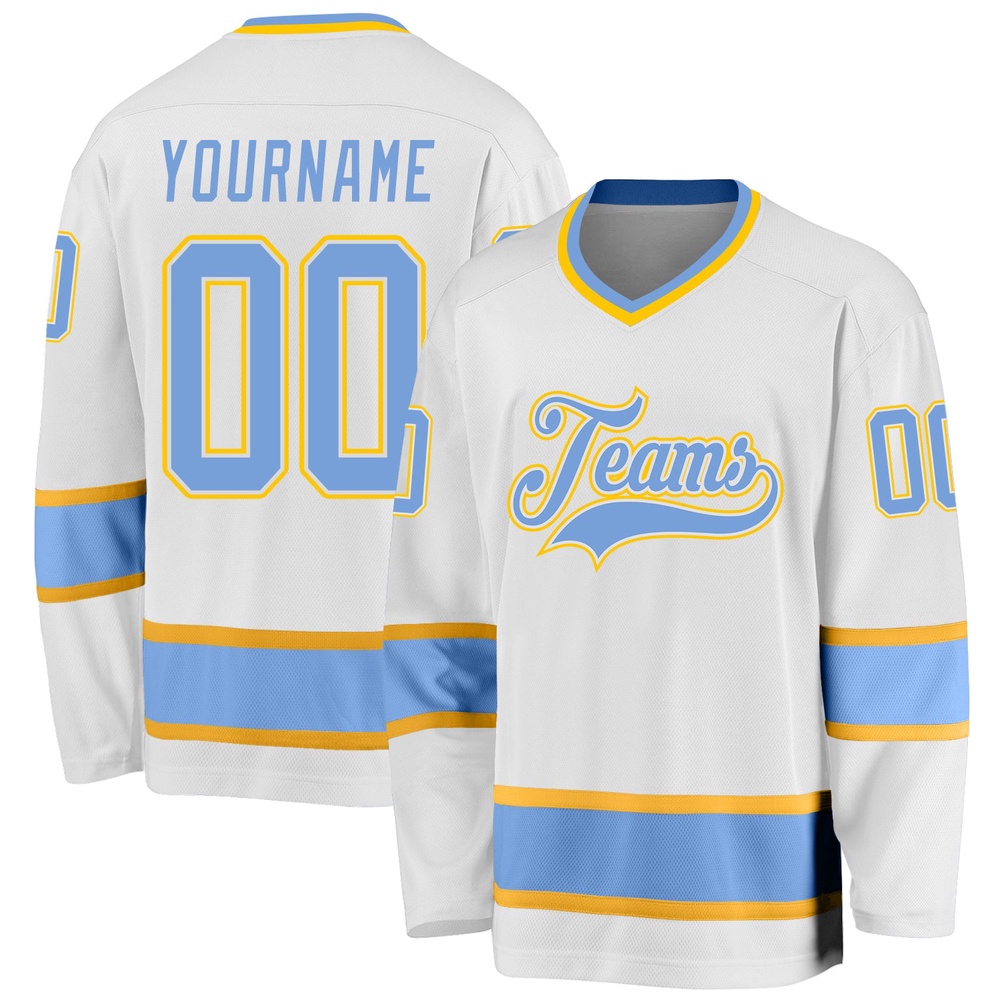 Custom White Light Blue Gold Hockey Jersey, New Hockey Jersey, Personali Sport Team Jersey Shirt