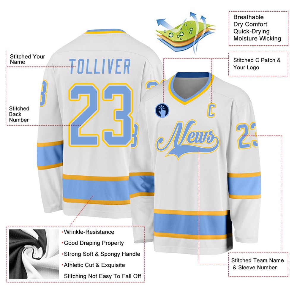 Custom White Light Blue Gold Hockey Jersey, New Hockey Jersey, Personali Sport Team Jersey Shirt