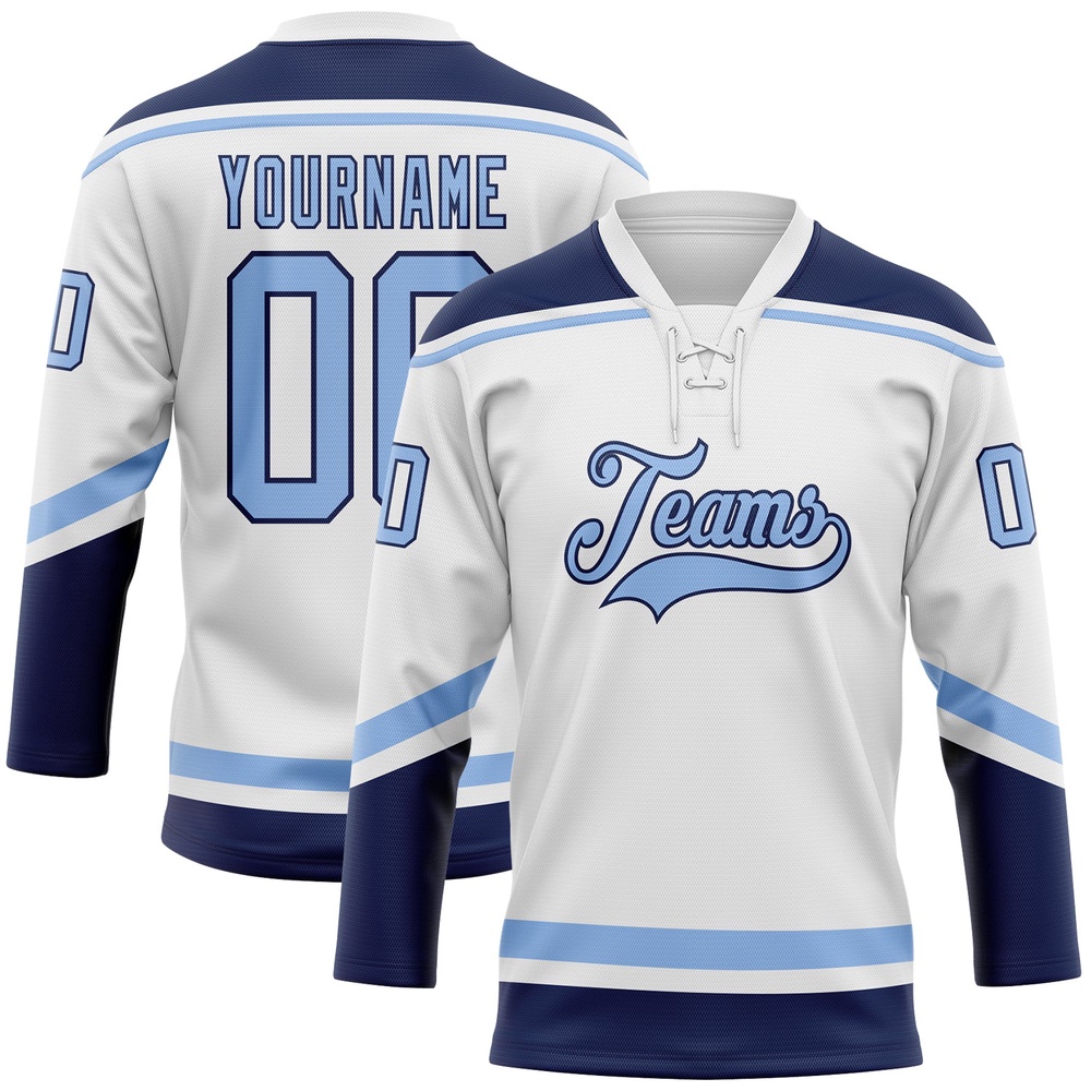 Custom White Light Blue Navy Hockey Lace Neck Jersey, New Hockey Jersey, Personali Sport Team Jersey Shirt