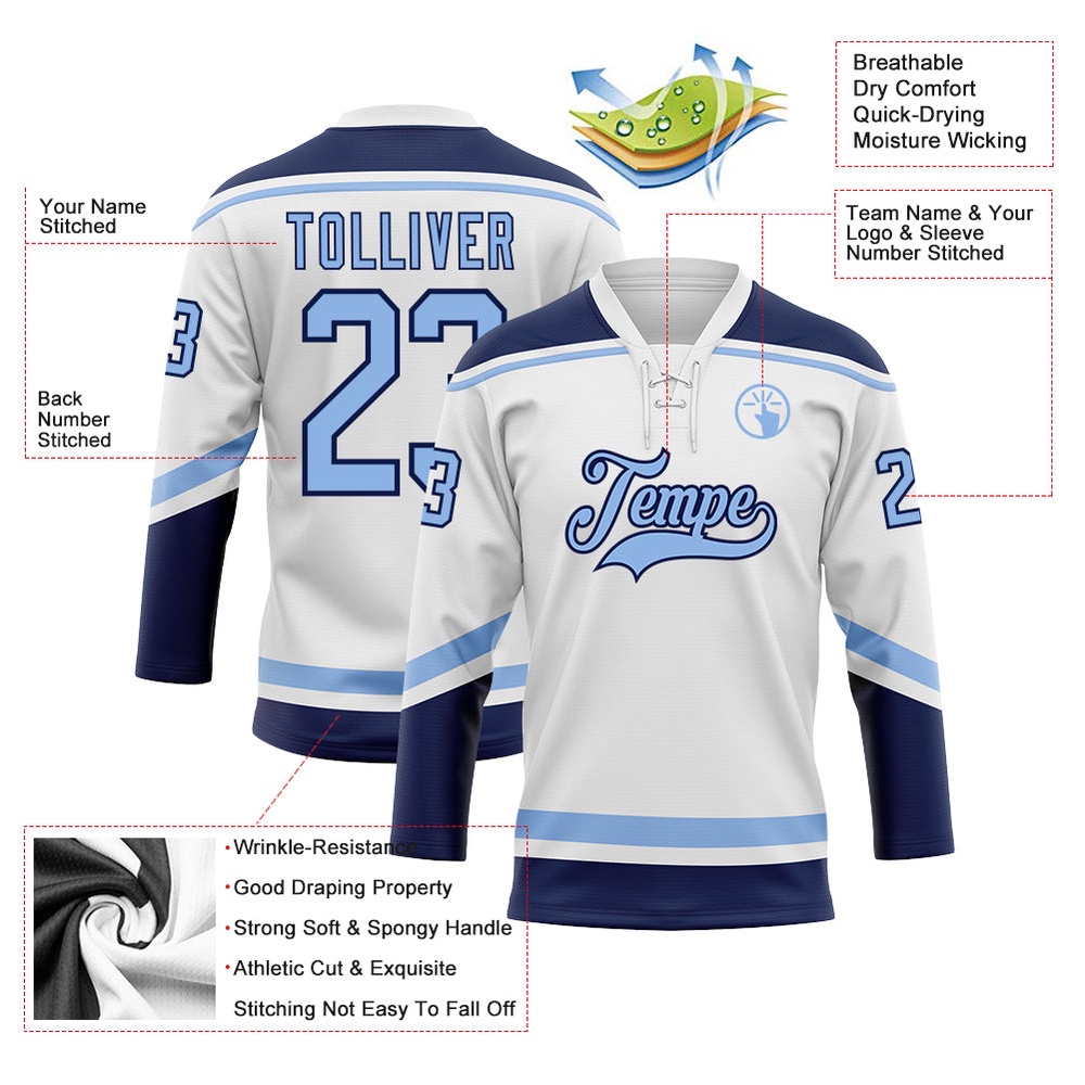 Custom White Light Blue Navy Hockey Lace Neck Jersey, New Hockey Jersey, Personali Sport Team Jersey Shirt