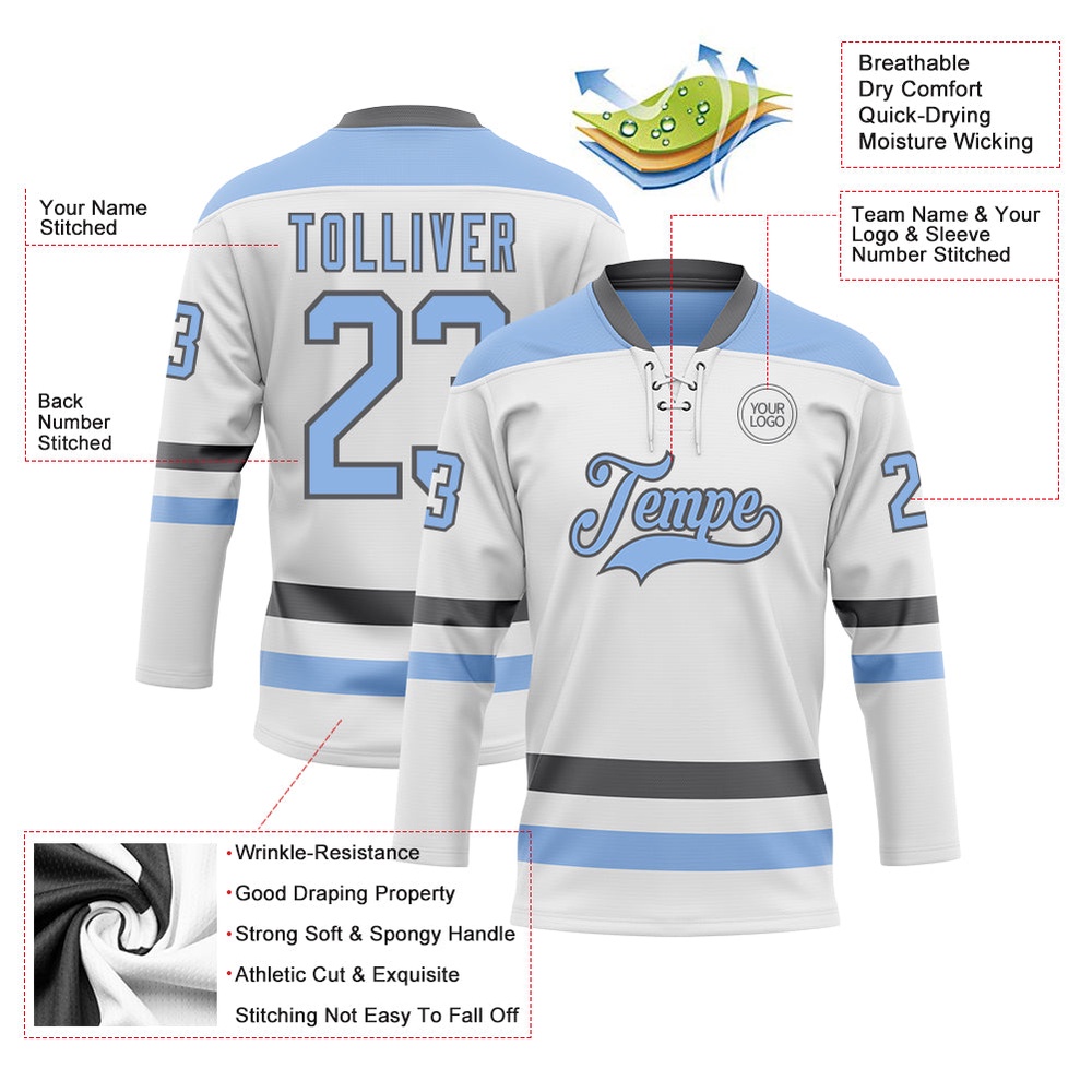 Custom White Light Blue Steel Gray Hockey Lace Neck Jersey, New Hockey Jersey, Personali Sport Team Jersey Shirt