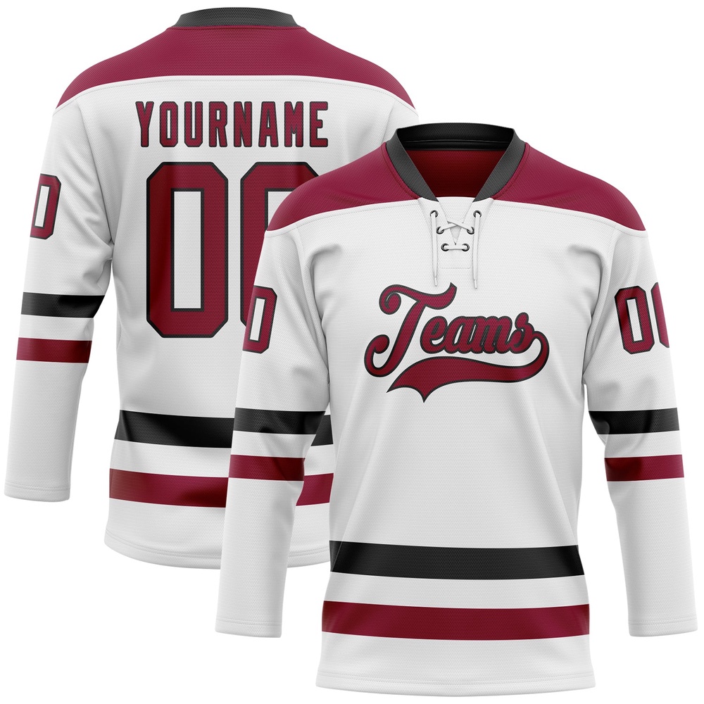 Custom White Maroon Black Hockey Lace Neck Jersey, New Hockey Jersey, Personali Sport Team Jersey Shirt