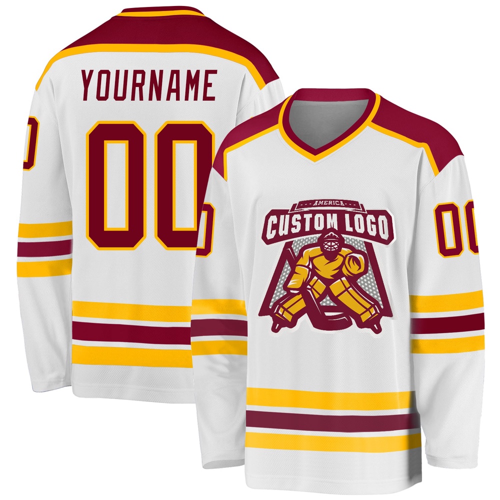 Custom White Maroon Gold Hockey Jersey, New Hockey Jersey, Personali Sport Team Jersey Shirt