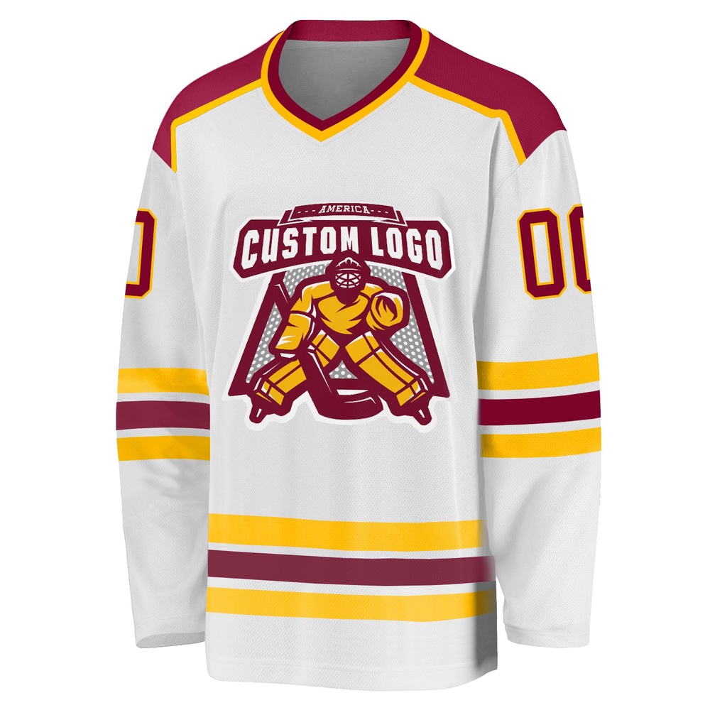 Custom White Maroon Gold Hockey Jersey, New Hockey Jersey, Personali Sport Team Jersey Shirt