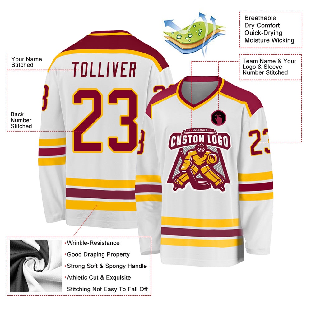 Custom White Maroon Gold Hockey Jersey, New Hockey Jersey, Personali Sport Team Jersey Shirt