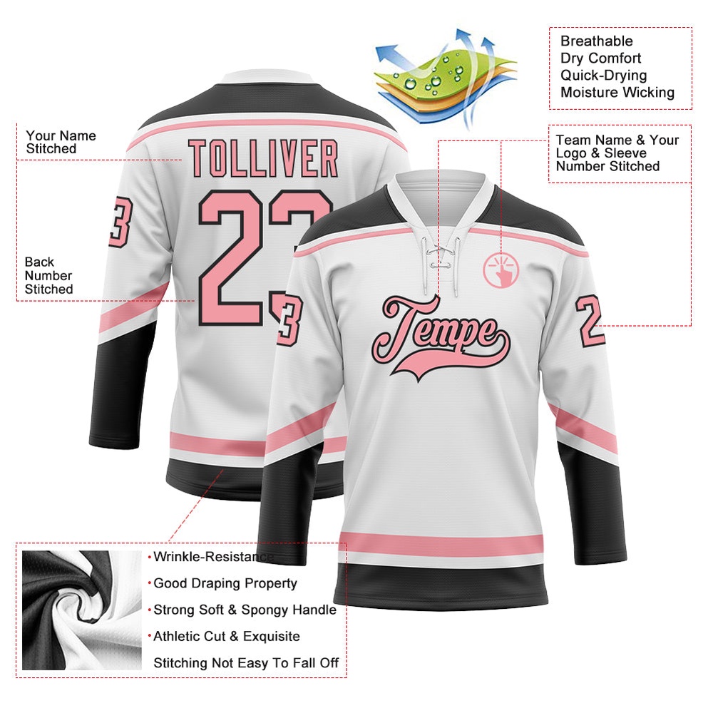 Custom White Medium Pink Black Hockey Lace Neck Jersey, New Hockey Jersey, Personali Sport Team Jersey Shirt