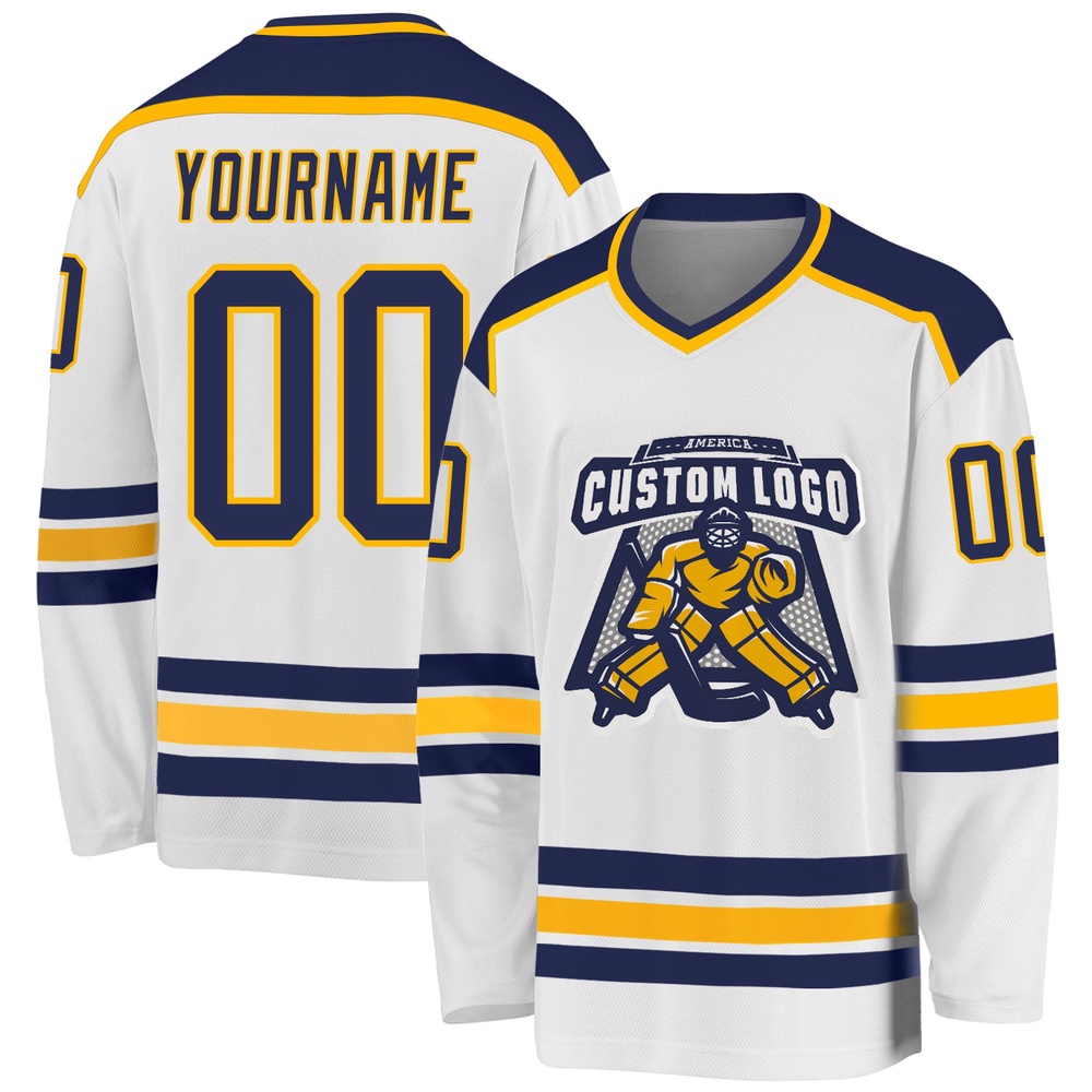 Custom White Navy Gold Hockey Jersey, New Hockey Jersey, Personali Sport Team Jersey Shirt