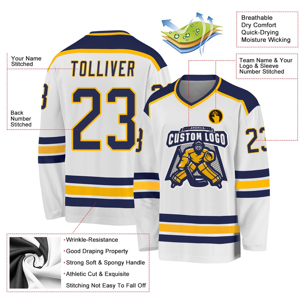 Custom White Navy Gold Hockey Jersey, New Hockey Jersey, Personali Sport Team Jersey Shirt