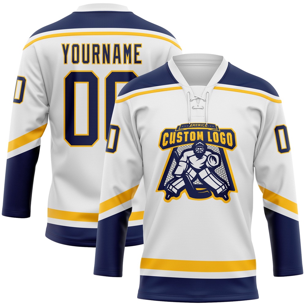 Custom White Navy Gold Hockey Lace Neck Jersey, New Hockey Jersey, Personali Sport Team Jersey Shirt
