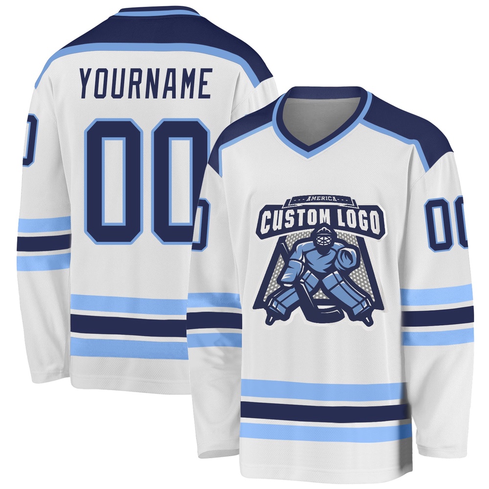 Custom White Navy Light Blue Hockey Jersey, New Hockey Jersey, Personali Sport Team Jersey Shirt Custom White Navy Light Blue Hockey Jersey, New Hockey Jersey, Personali Sport Team Jersey Shirt