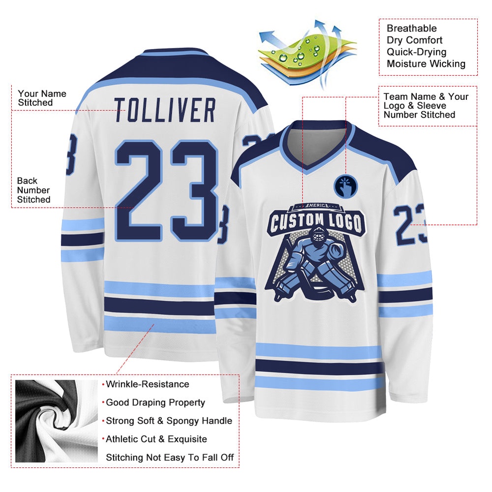 Custom White Navy Light Blue Hockey Jersey, New Hockey Jersey, Personali Sport Team Jersey Shirt Custom White Navy Light Blue Hockey Jersey, New Hockey Jersey, Personali Sport Team Jersey Shirt