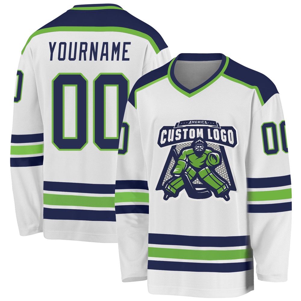 Custom White Navy Neon Green Hockey Jersey, New Hockey Jersey, Personali Sport Team Jersey Shirt