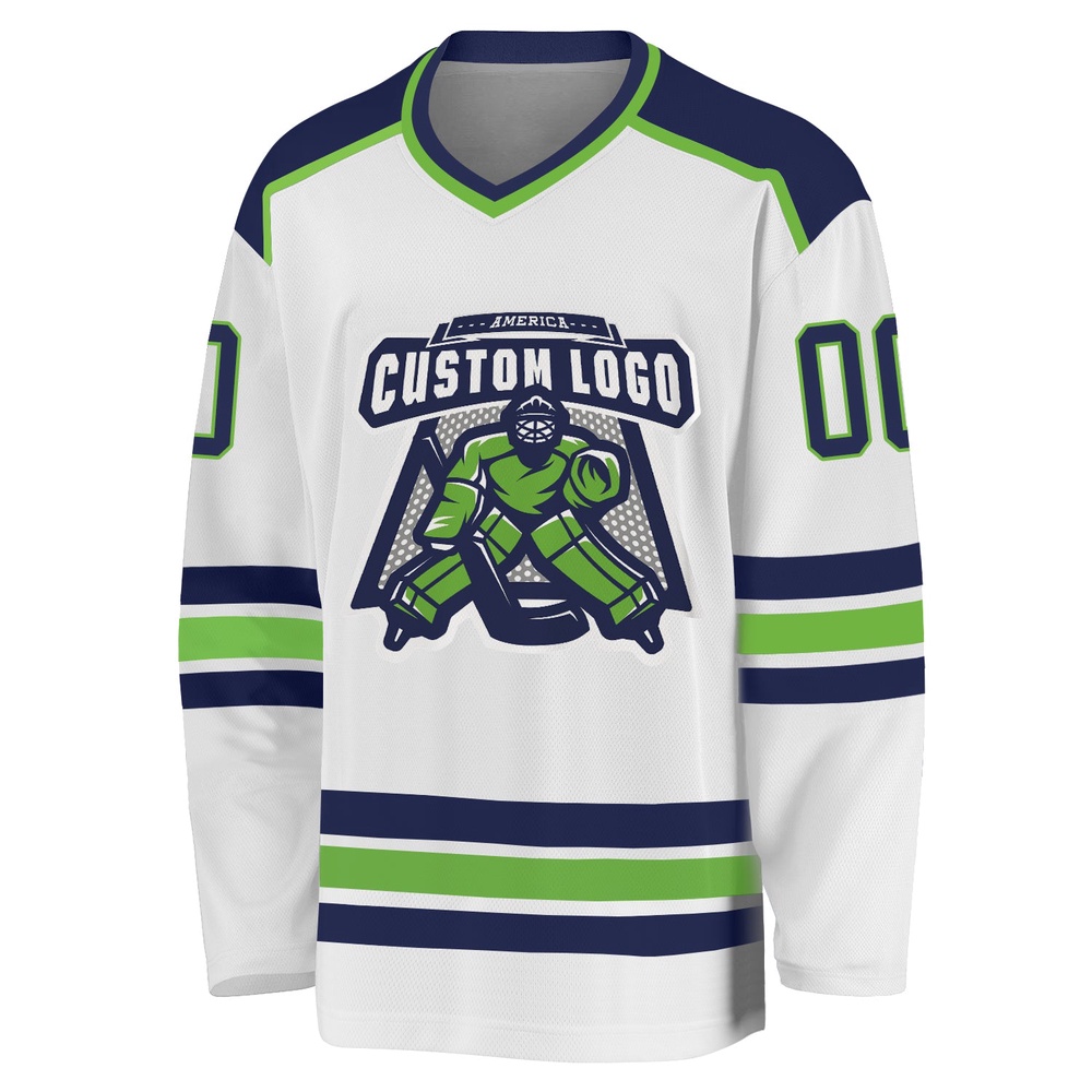 Custom White Navy Neon Green Hockey Jersey, New Hockey Jersey, Personali Sport Team Jersey Shirt