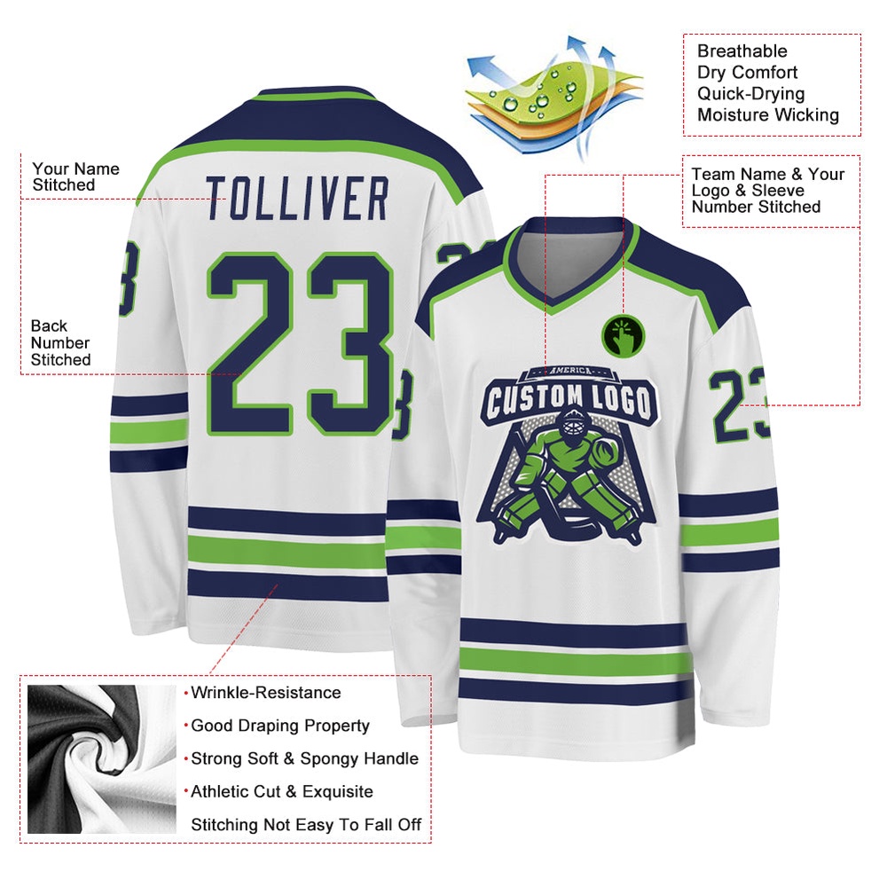 Custom White Navy Neon Green Hockey Jersey, New Hockey Jersey, Personali Sport Team Jersey Shirt