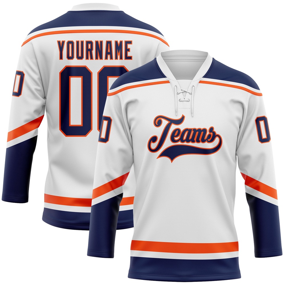 Custom White Navy Orange Hockey Lace Neck Jersey, New Hockey Jersey, Personali Sport Team Jersey Shirt