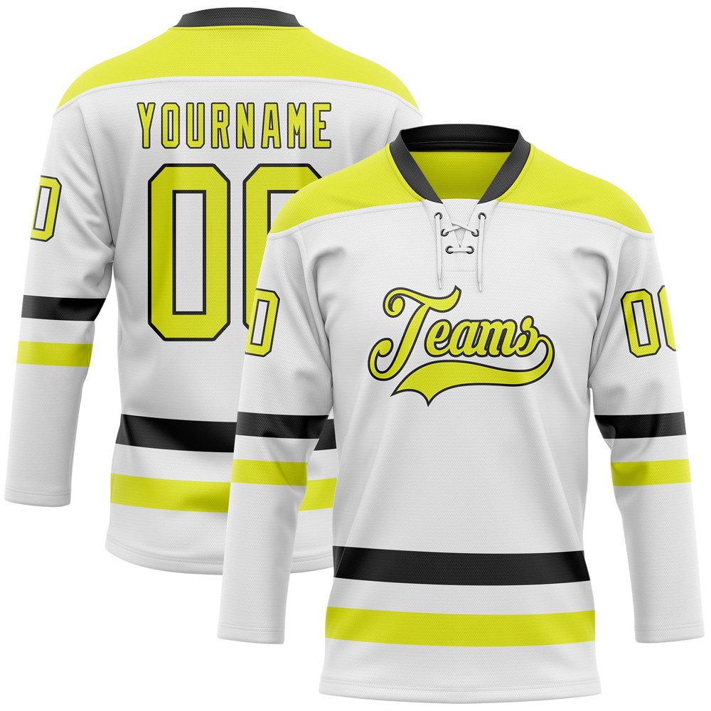 Custom White Neon Yellow Black Hockey Lace Neck Jersey, New Hockey Jersey, Personali Sport Team Jersey Shirt