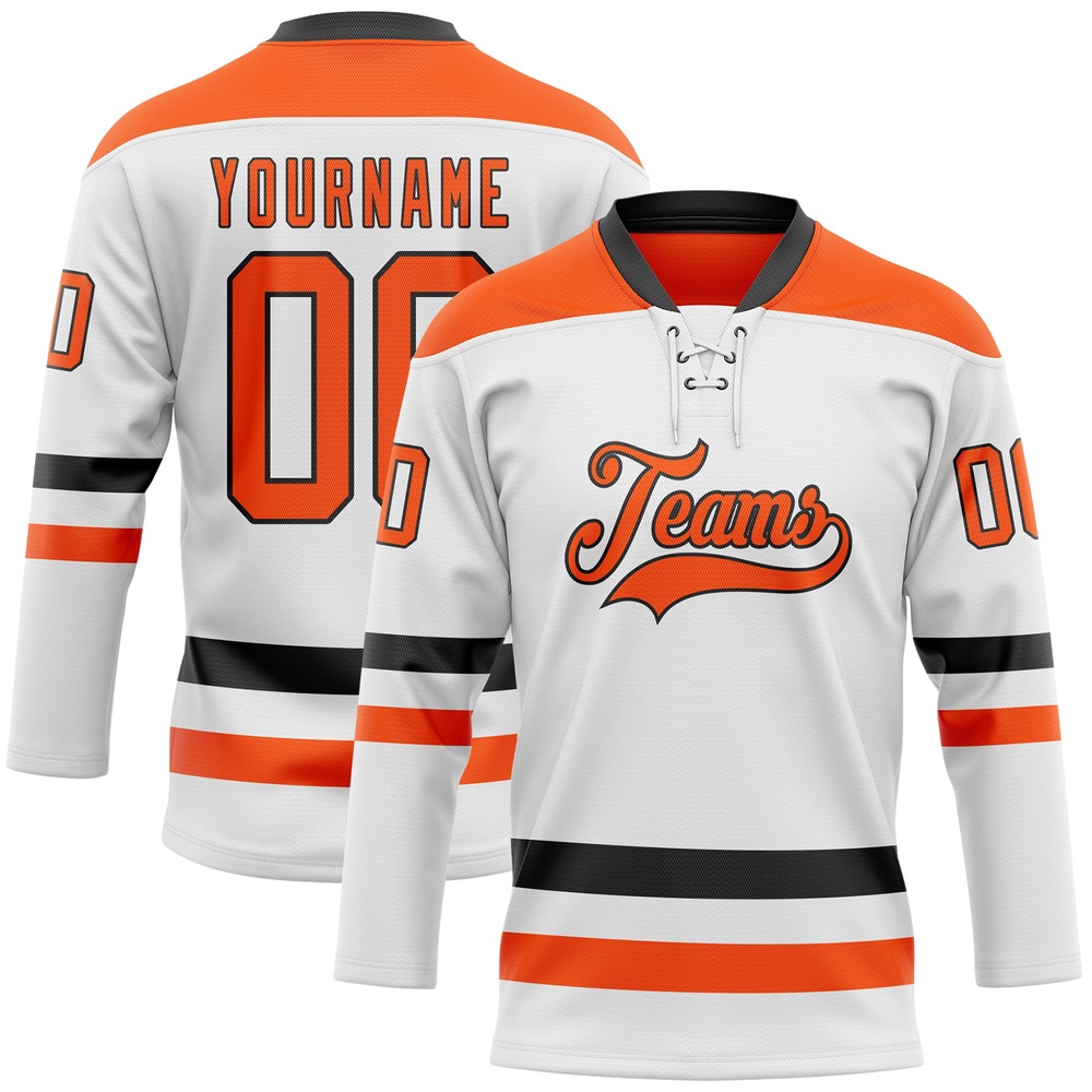 Custom White Orange Black Hockey Lace Neck Jersey, New Hockey Jersey, Personali Sport Team Jersey Shirt