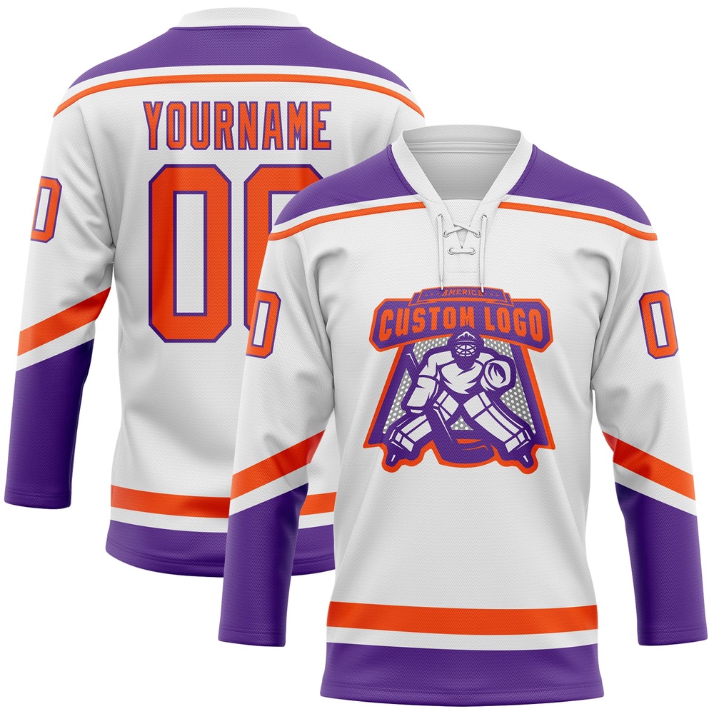 Custom White Orange Purple Hockey Lace Neck Jersey, New Hockey Jersey, Personali Sport Team Jersey Shirt
