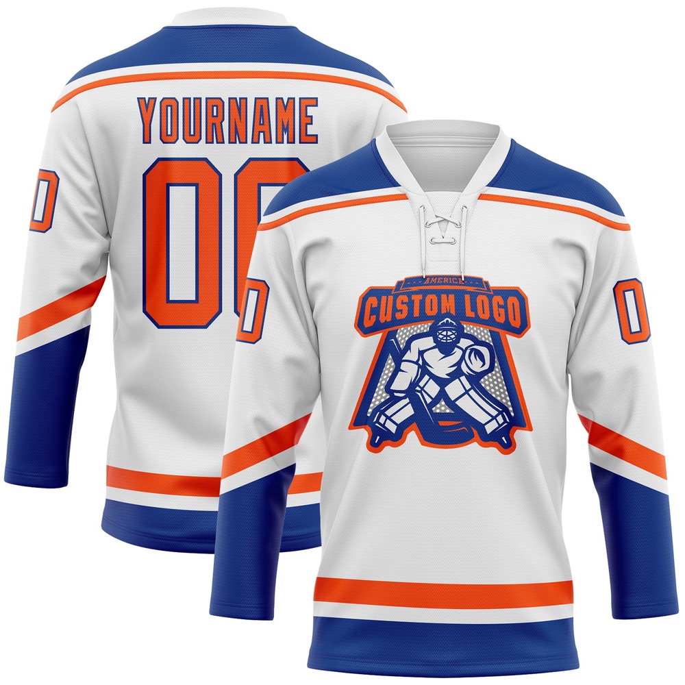 Custom White Orange Royal Hockey Lace Neck Jersey, New Hockey Jersey, Personali Sport Team Jersey Shirt