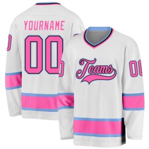 Custom White Pink Light Blue Hockey Jersey,&hellip;