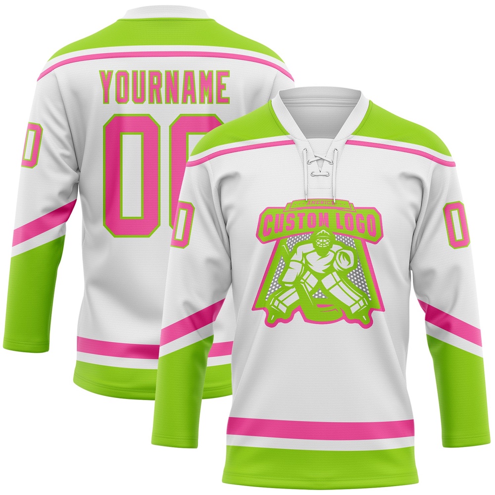 Custom White Pink Neon Green Hockey Lace Neck Jersey, New Hockey Jersey, Personali Sport Team Jersey Shirt