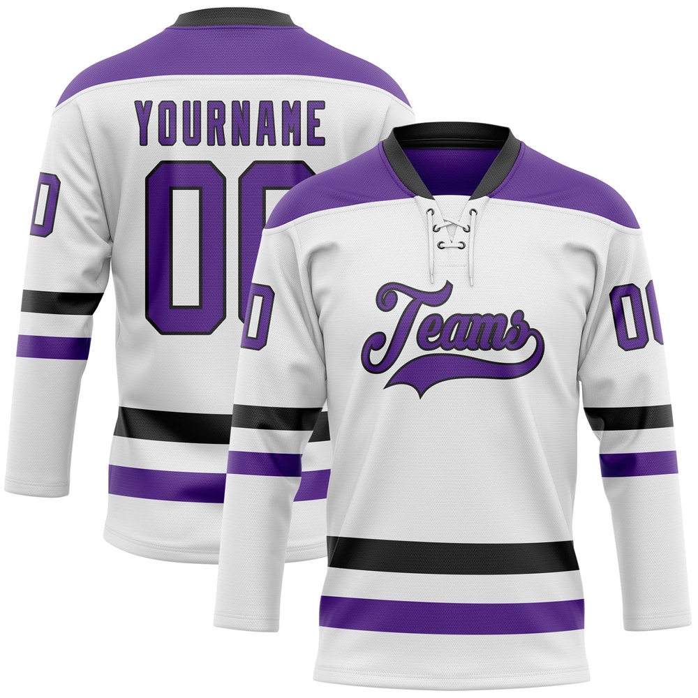 Custom White Purple Black Hockey Lace Neck Jersey, New Hockey Jersey, Personali Sport Team Jersey Shirt