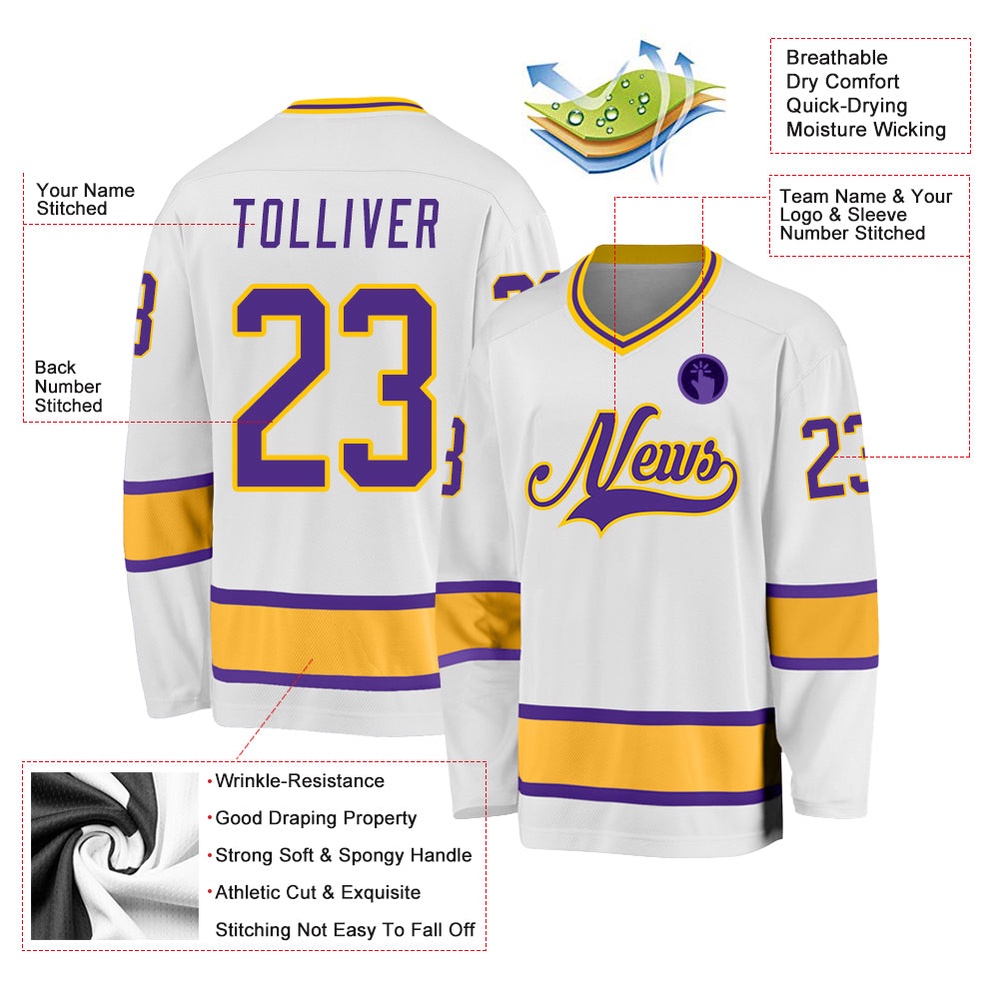 Custom White Purple Gold Hockey Jersey, New Hockey Jersey, Personali Sport Team Jersey Shirt