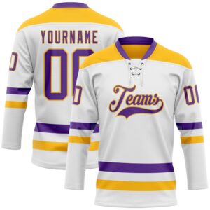 Custom White Purple Gold Hockey Lace Neck&hellip;