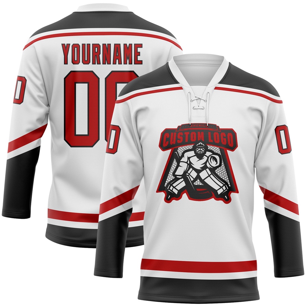 Custom White Red Black Hockey Lace Neck Jersey, New Hockey Jersey, Personali Sport Team Jersey Shirt