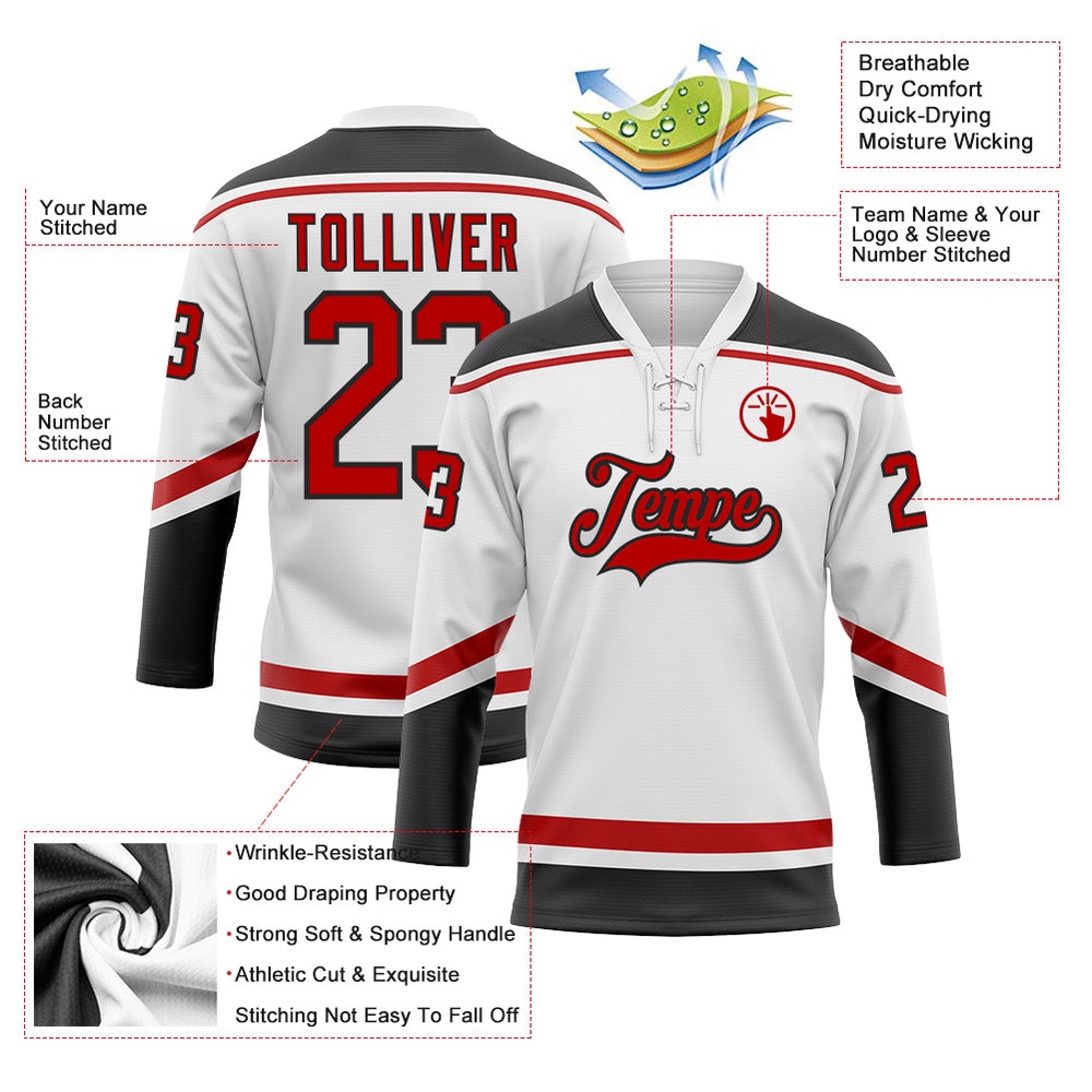 Custom White Red Black Hockey Lace Neck Jersey, New Hockey Jersey, Personali Sport Team Jersey Shirt