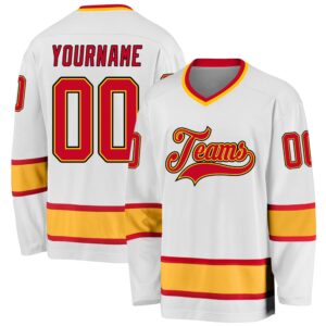 Custom White Red Gold Hockey Jersey, New&hellip;