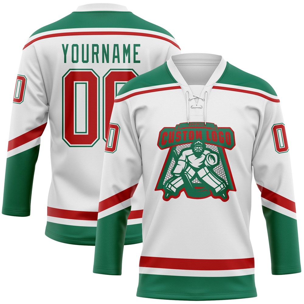 Custom White Red Kelly Green Hockey Lace Neck Jersey, New Hockey Jersey, Personali Sport Team Jersey Shirt