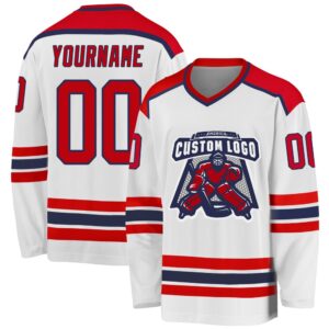 Custom White Red Navy Hockey Jersey, New&hellip;