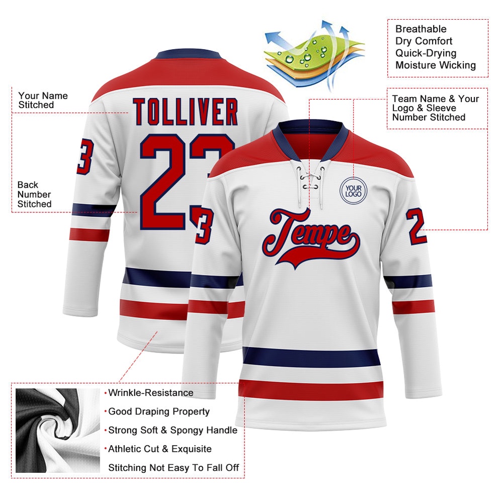 Custom White Red Navy Hockey Lace Neck Jersey, New Hockey Jersey, Personali Sport Team Jersey Shirt