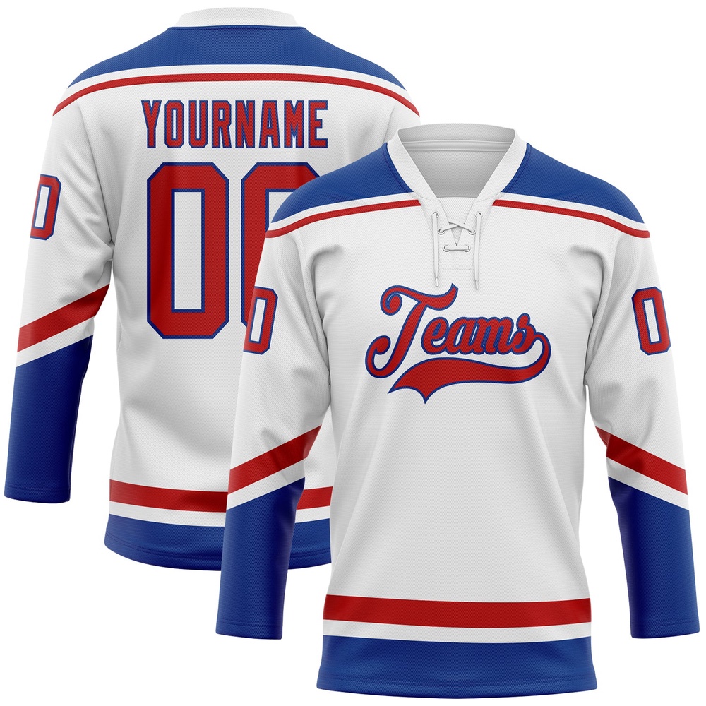 Custom White Red Royal Hockey Lace Neck Jersey, New Hockey Jersey, Personali Sport Team Jersey Shirt