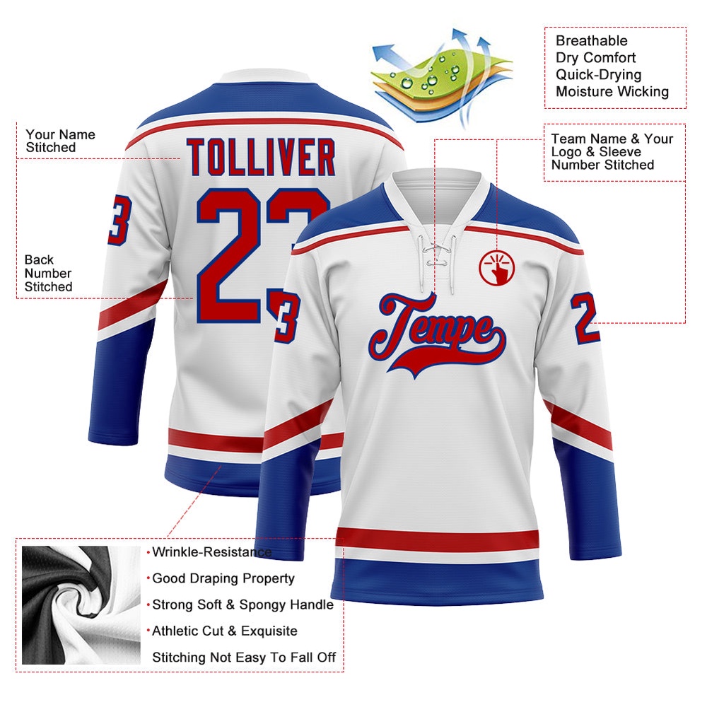 Custom White Red Royal Hockey Lace Neck Jersey, New Hockey Jersey, Personali Sport Team Jersey Shirt
