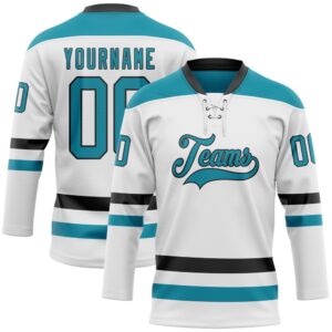 Custom White Teal Black Hockey Lace Neck&hellip;