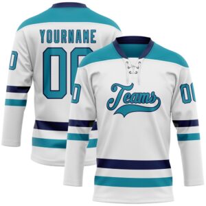 Custom White Teal Navy Hockey Lace Neck&hellip;