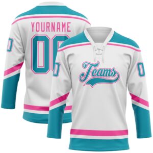 Custom White Teal Pink Hockey Lace Neck&hellip;