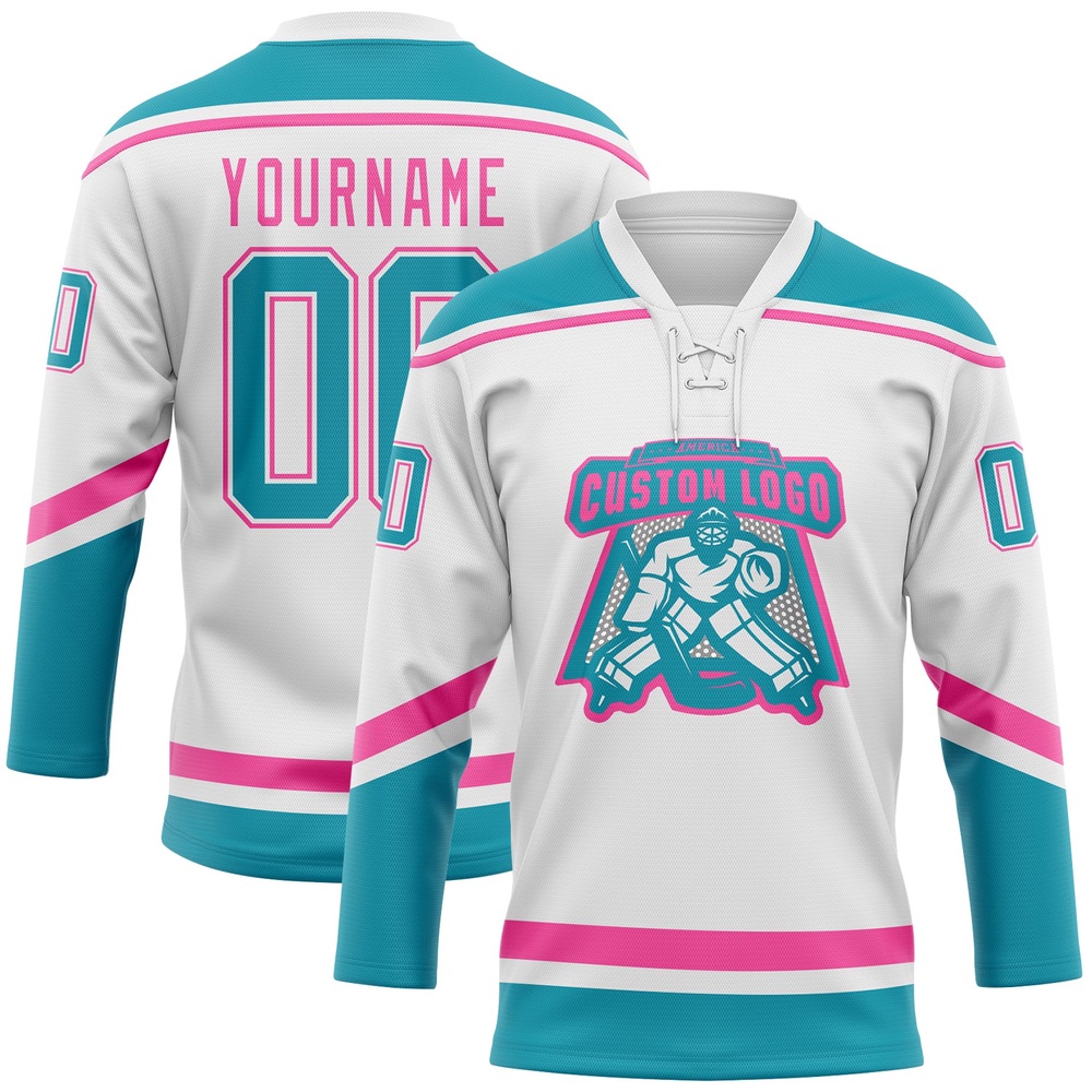 Custom White Teal Pink Hockey Lace Neck Jersey, New Hockey Jersey, Personali Sport Team Jersey Shirt