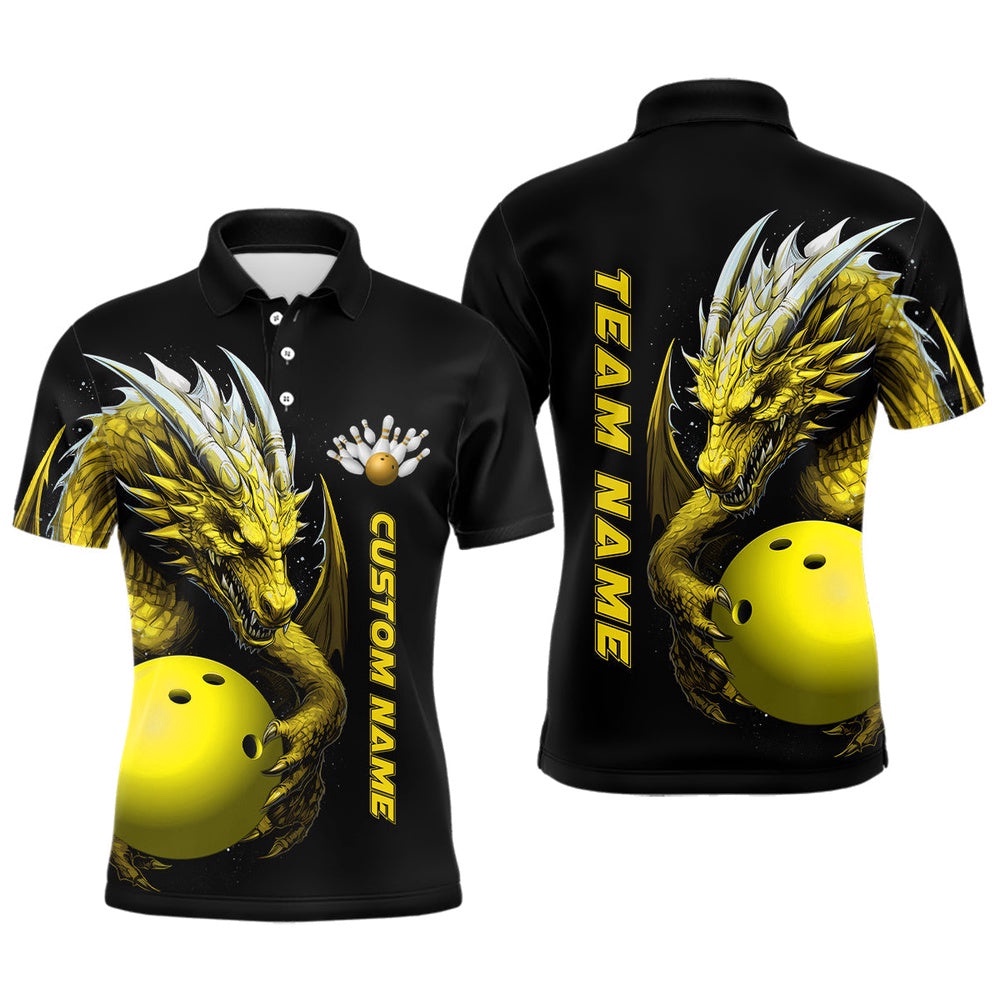 Custom Yellow Dragon Men Bowling Polo Shirts Team Bowling Polo Shirt Bowling Apparel For Bowler, Personalized Bowling Team Shirt