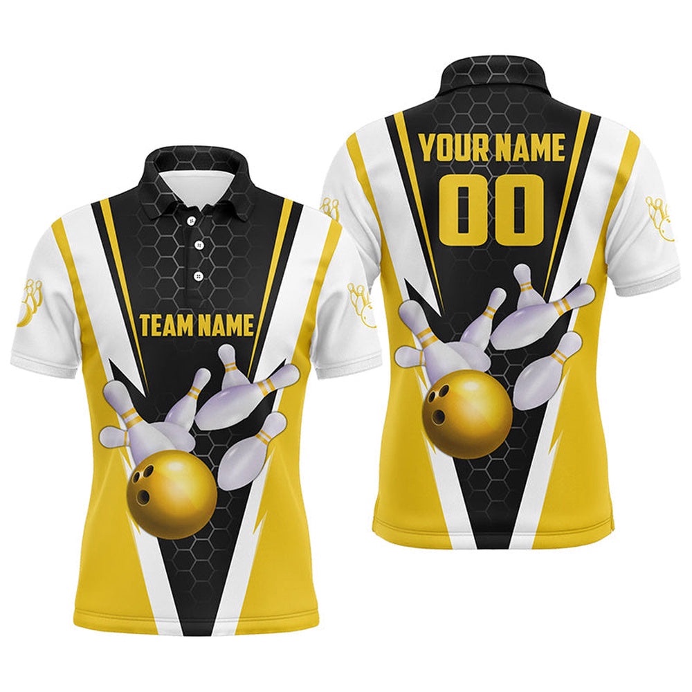 Custom Yellow Strike Bowling Polo Shirts For Men, Bowling Team Polo Shirt With Name And Number, Personalized Bowling Team Shirt