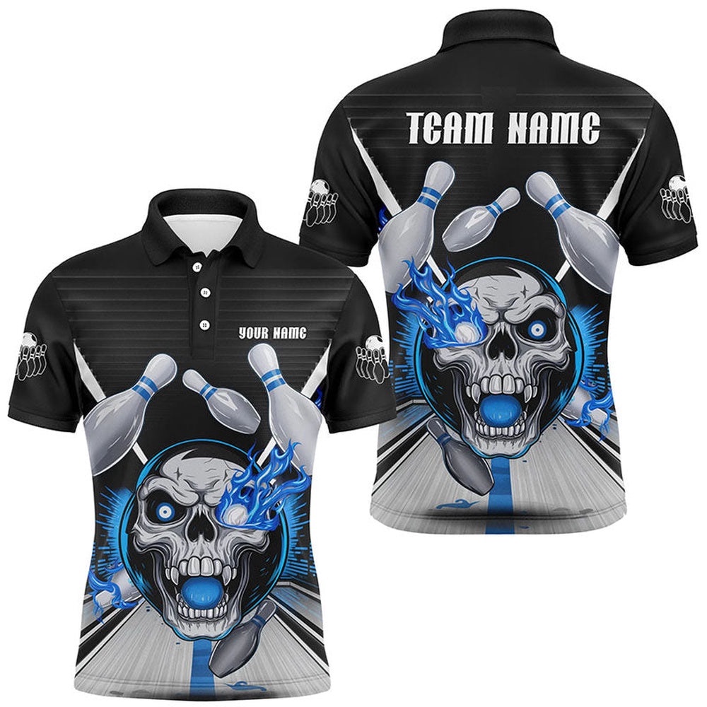 Customizable Blue Flame Bowling Shirts, Skull Bowling Polo Shirt For Men, Personalized Bowling Team Shirt