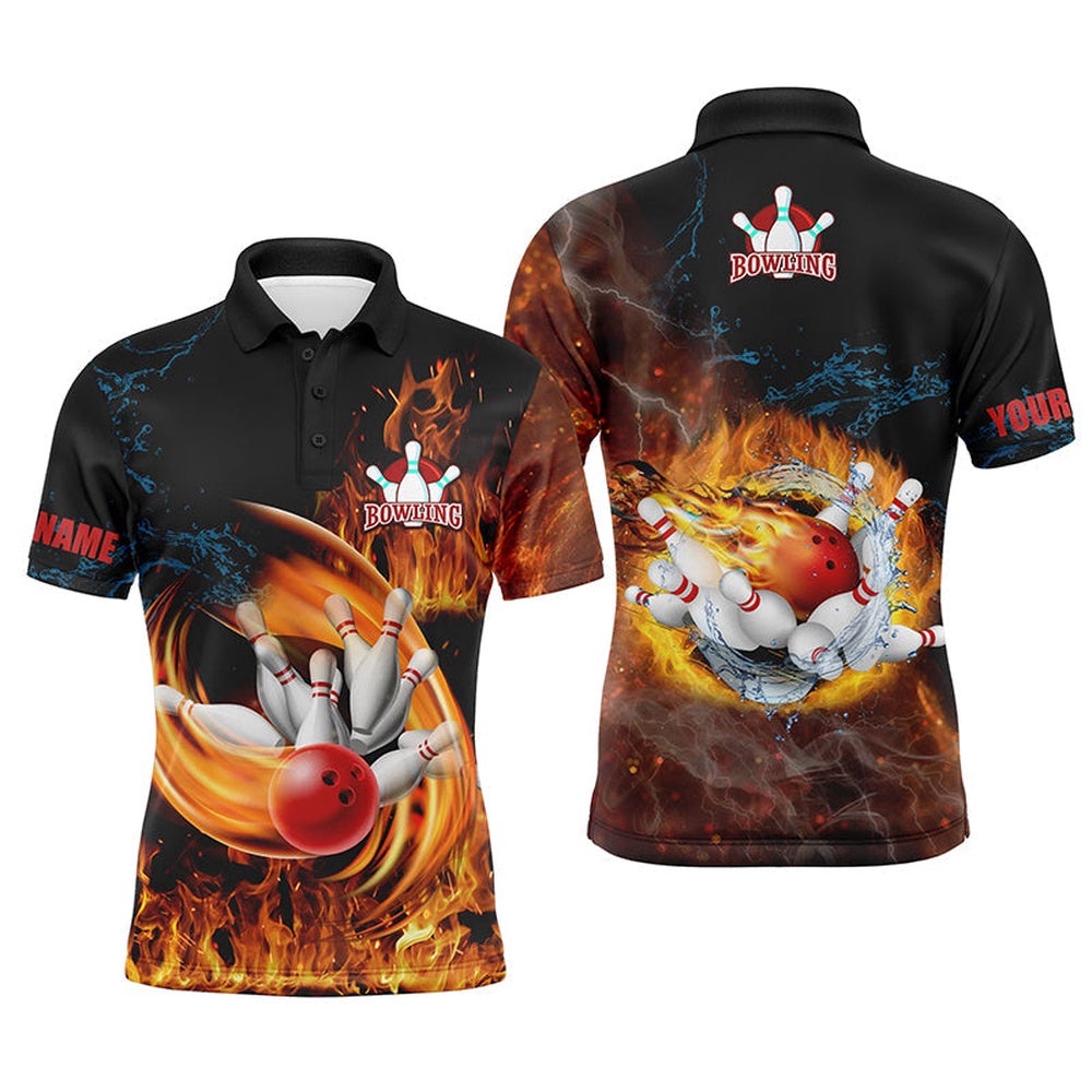 Customize Bowling Shirts For Men Flame Bowling Ball And Pins Team Shirt, Bowling Polo Shirt, Personalized Bowling Team Shirt