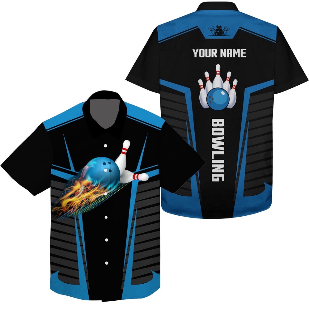 Customize Hawaiian Bowling Shirts With Flame Bowling Balls And Pins Black Blue Bowling Shirts For Men, Custom Team Bowling Hawaiian Shirt